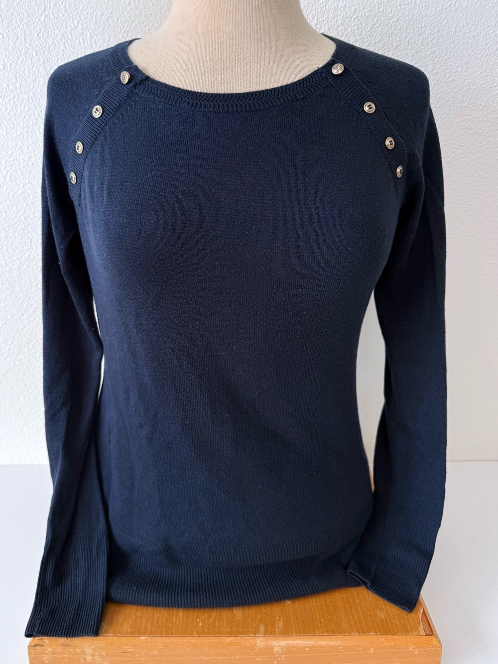 ESPRIT Dark Navy Blue Sweater Accent Rhinestone & Gold Button Detail Size S